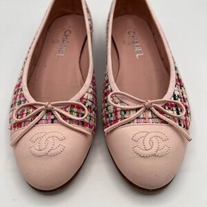 CHANEL Tweed Pink CC Logo Cap Toe Bow Tie Ballet Ballerina Flats 38